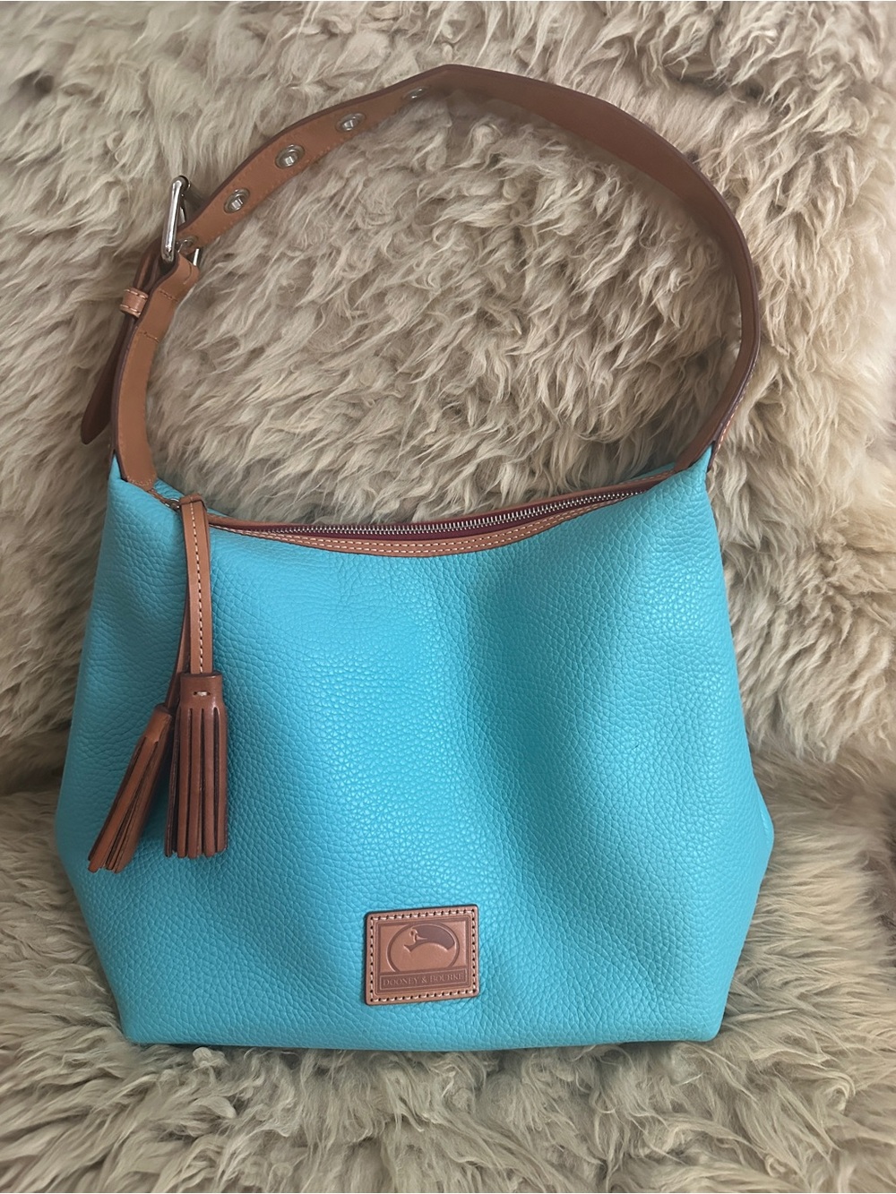 Dooney & Bourke Turquoise Pebbled Leather Shoulder Bag with Tan Trim